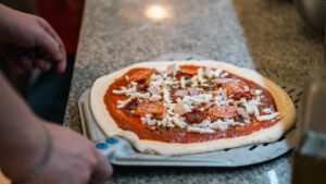 Our pizza just before it goes into the oven 