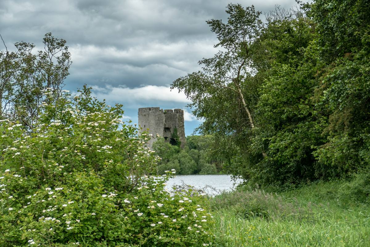 Cloughoughter Castle seen through trees across the water