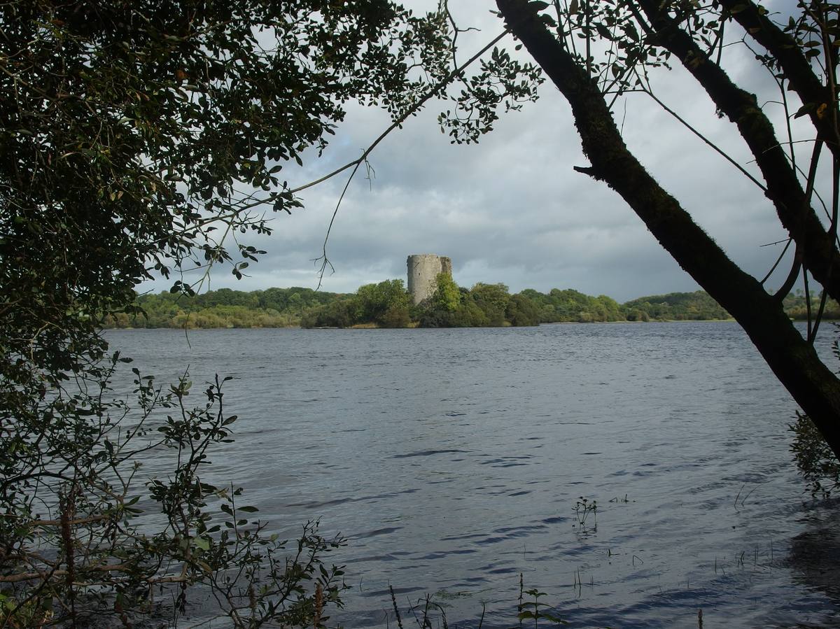 Cloughoughter Castle on its island in Lough Oughter on an overcast day