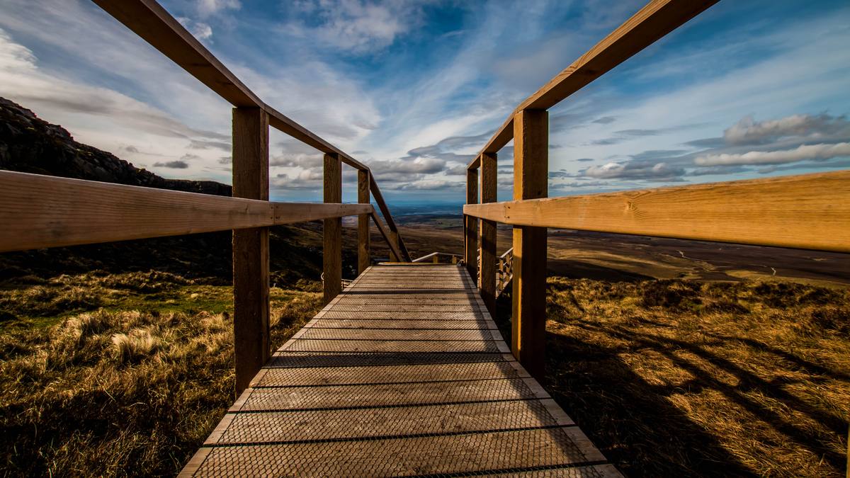 The stepped section of the Cuilcagh boardwalk descending into the valley