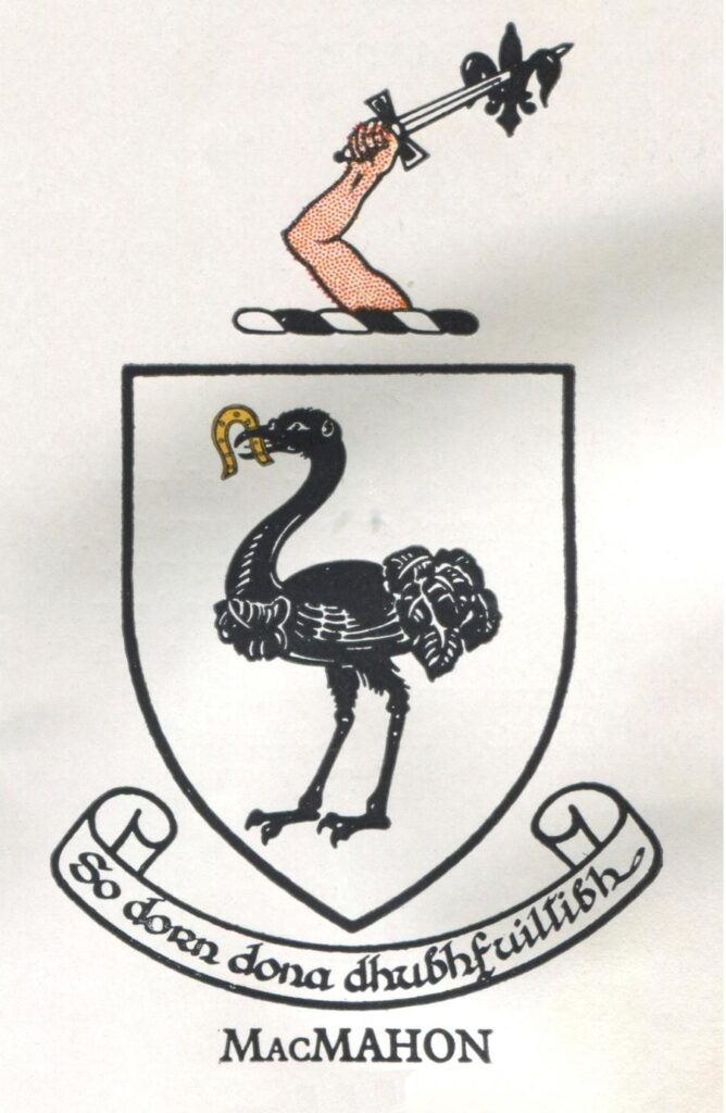 Coat of arms of the MacMahons of Oriel with an ostrich holding a horseshoe