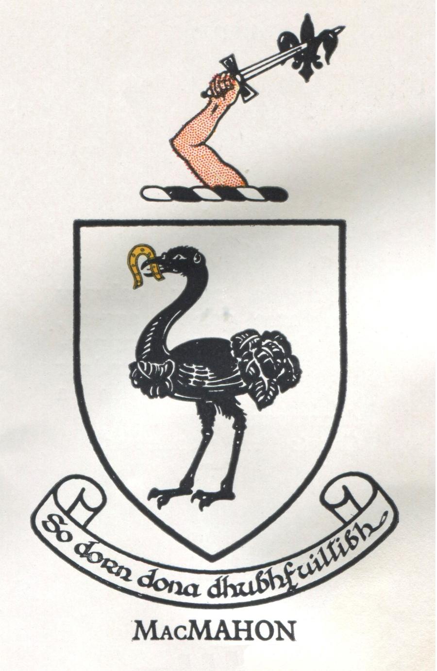 Coat of arms of the MacMahons of Oriel with an ostrich holding a horseshoe