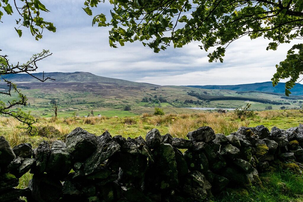 The view over the valley to Cuilcagh mountain from Cavan Burren Park near Blacklion