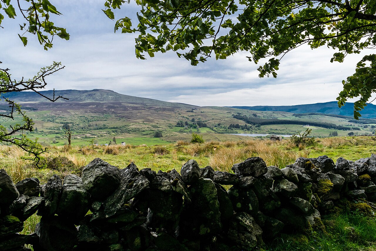 The view over the valley to Cuilcagh mountain from Cavan Burren Park near Blacklion