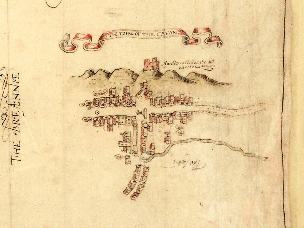 Map of Cavan town drawn in 1591 showing streets, houses and the castle on the hill