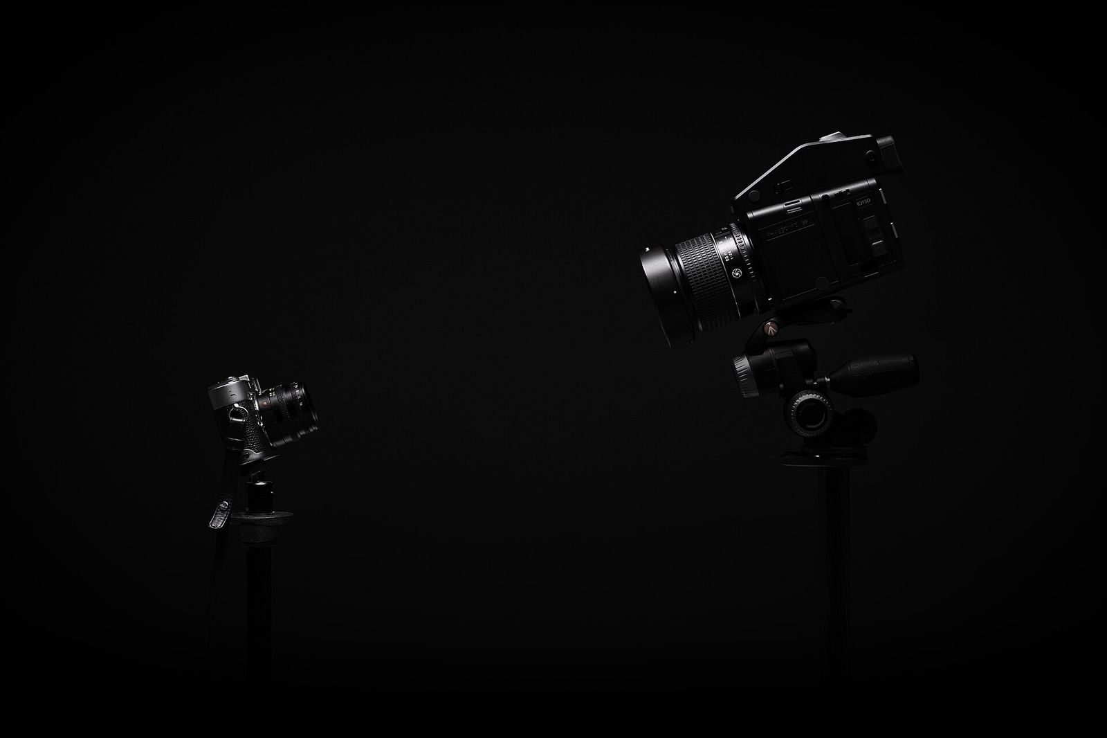 Two professional cameras set up on tripods ready for a shoot