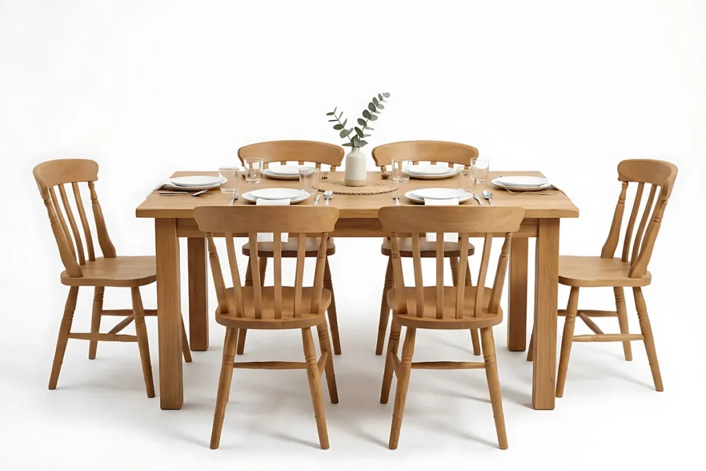 A wooden dining table with four matching chairs, inviting a cozy local dining experience.